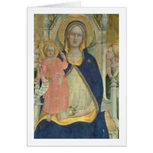 Cartão Madonna e a criança enthroned com santos, detalha