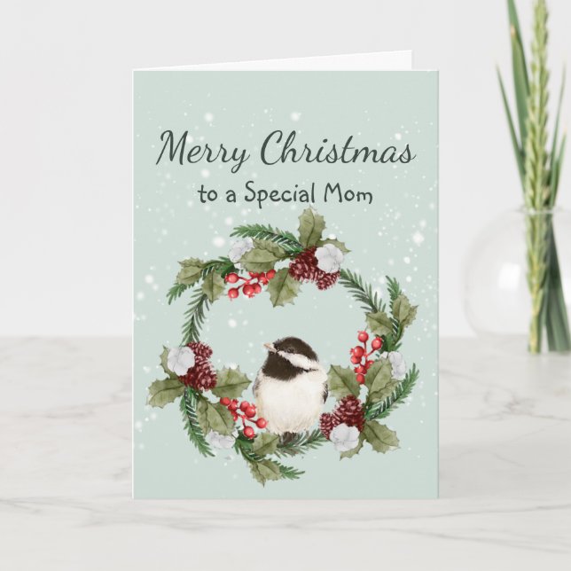 Cartão Mãe Aquarela de Pássaro Chickadee de Natal (Frente)