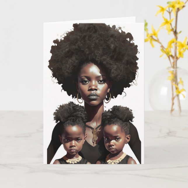 Cartão Mãe e Gêmeos Afro-Americanos, Dia de as mães (Flor Amarela)