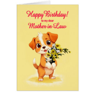 Cartão Mãe em Direito Aniversário Cachorro e Flores