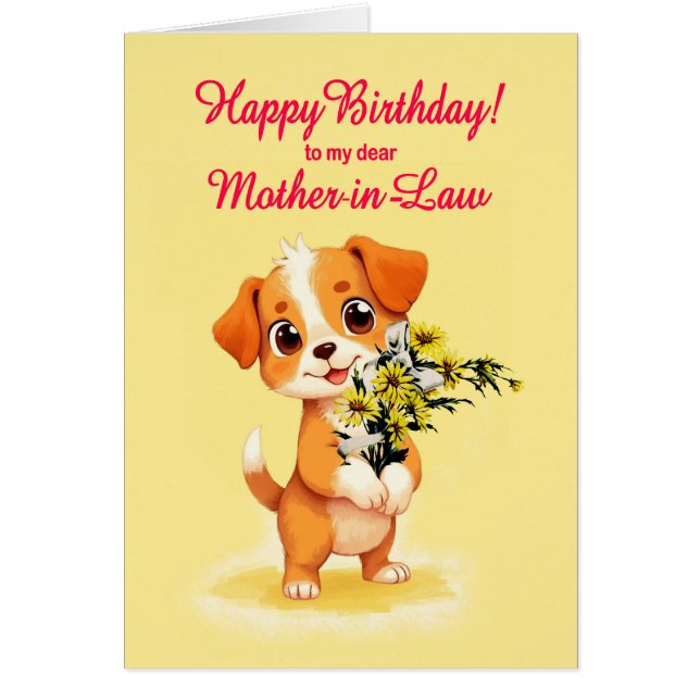 Cartão Mãe em Direito Aniversário Cachorro e Flores (Frente)