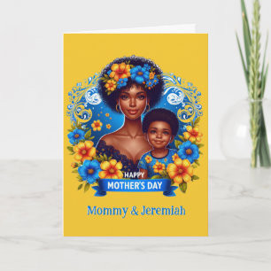 Cartão Mãe étnica e Filho Azul/Amarelo Dia de as mães Fel
