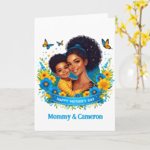 Cartão Mãe étnica e Filho Azul/Amarelo Dia de as mães Fel