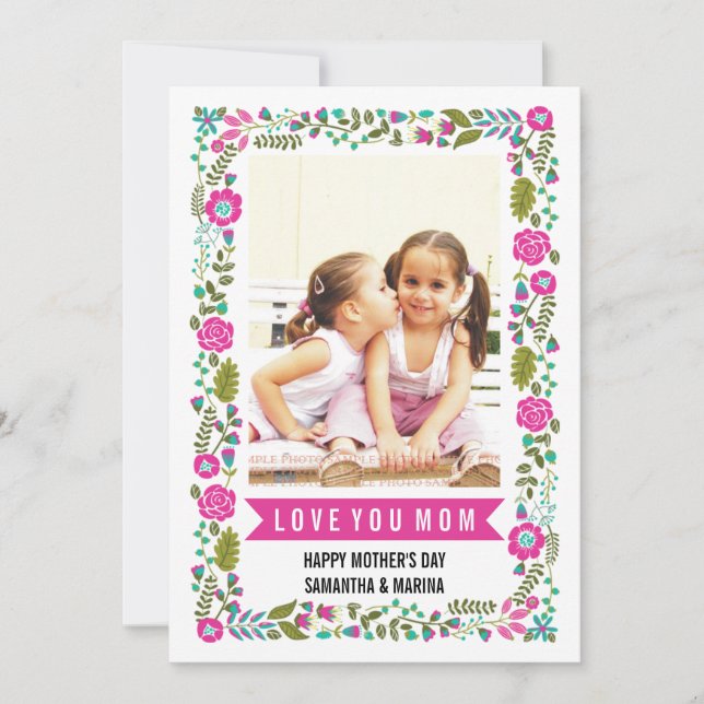 Cartão Mãe, Feliz dia de as mães aqua, foto floral rosa-q (Frente)