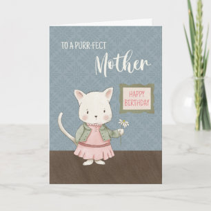 Cartão Mãe Gatinho de aniversário em um vestido segurando