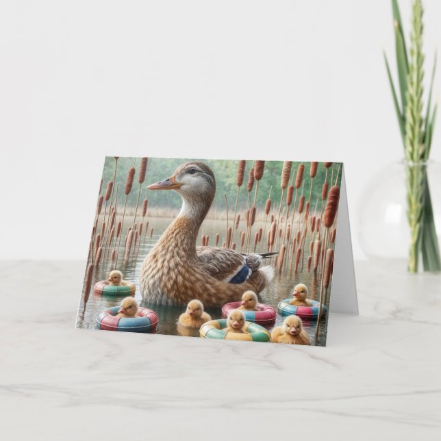 Cartão Mãe Mallard Duck com Ducklings para o Aniversário (Frente)