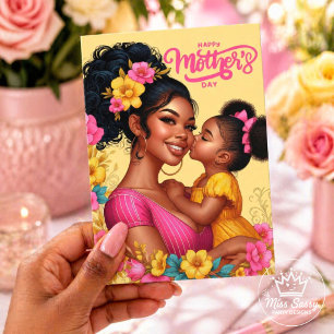 Cartão Mãe Negra Filha Rosa Amarelo Floral Dia das Mães