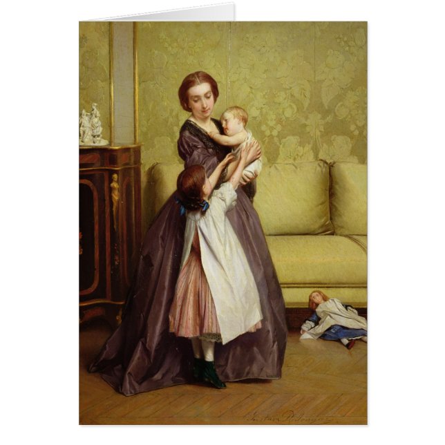 Cartão Mãe nova com suas crianças em um salão de beleza (Frente)