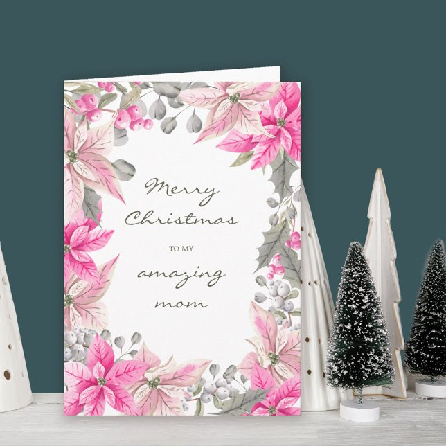 Cartão Mãe Winter Floral Pink Poinsettia Natal (Mom Christmas Card. Buy professionally printed or as printable digital download.)