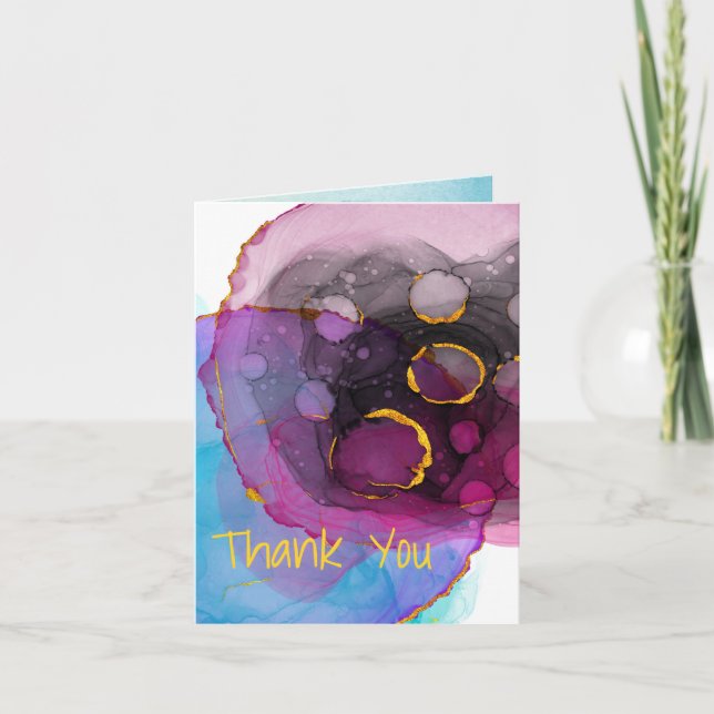 Cartão Magenta Azul e Dourado Obrigado, Endereço no Verso (Frente)