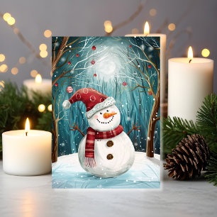 Cartão Magia do Boneco de Neve ao Luar na Floresta de Inv