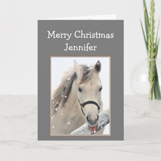 Cartão Magical Christmas Custom Name Wishes White Horse (Frente)