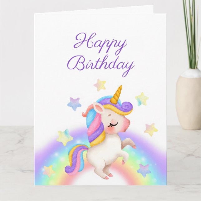 Cartão Magical Pastel Rainbow Stars Unicorn Birthday  (Frente)