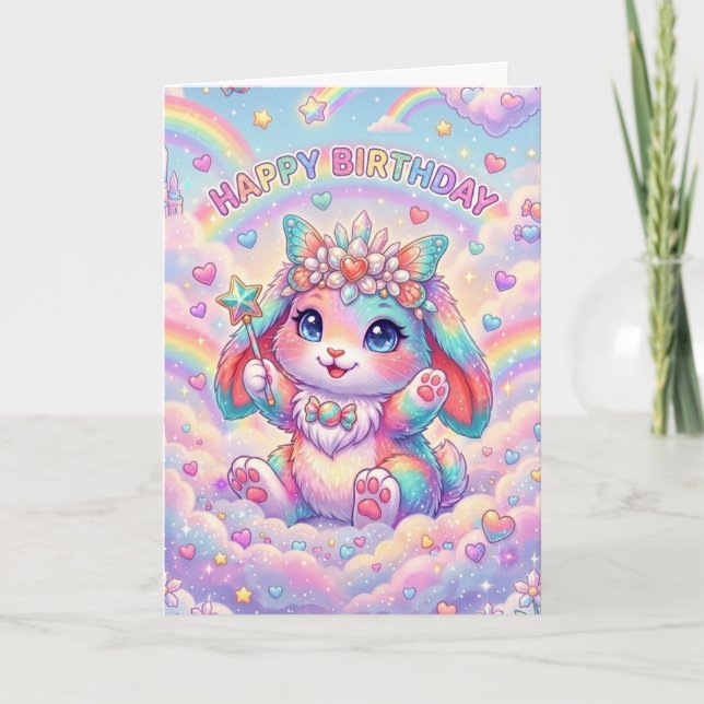 Cartão Magical Rainbow Bunny Birthday Whimsical Childrens (Frente)