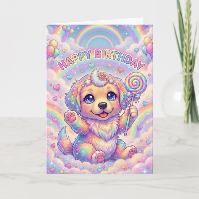 Cartão Magical Rainbow Puppy Children's Birthday Fantasy  (Frente)