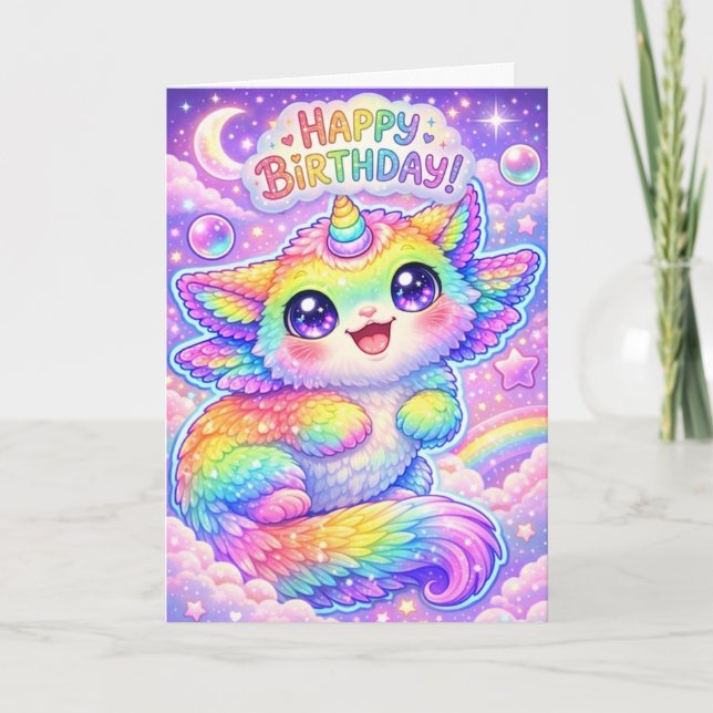 Cartão Magical Rainbow Unicorn Cat Happy Birthday Kitty (Frente)