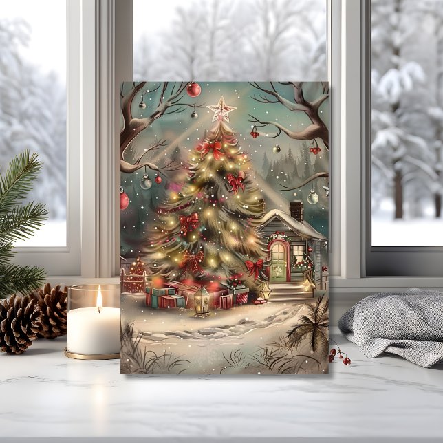Cartão Magical Snowy Christmas Cottage  (Send a peaceful scene with this holiday card featuring a glowing tree and cozy cottage)