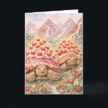 Cartão Magical Strawberry land with birthday cake turtles<br><div class="desc">Surreal watercolor drawing of a Magical Strawberry land with birthday cake tortoise sisters. Strawberry mountains with whipped cream streams, lush wild strawberry fields, and festive Sulcata tortoises with decadent cake shells and lit strawberries. The sweetest celebration. Perfect birthday card for surreal art and turtle lovers. Models: Trinity (left) and Trumpette...</div>