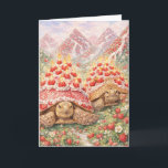 Cartão Magical Strawberry land with birthday cake turtles<br><div class="desc">Surreal watercolor drawing of a Magical Strawberry land with birthday cake tortoise sisters. Strawberry mountains with whipped cream streams, lush wild strawberry fields, and festive Sulcata tortoises with decadent cake shells and lit strawberries. The sweetest celebration. Perfect birthday card for surreal art and turtle lovers. Models: Trinity (left) and Trumpette...</div>