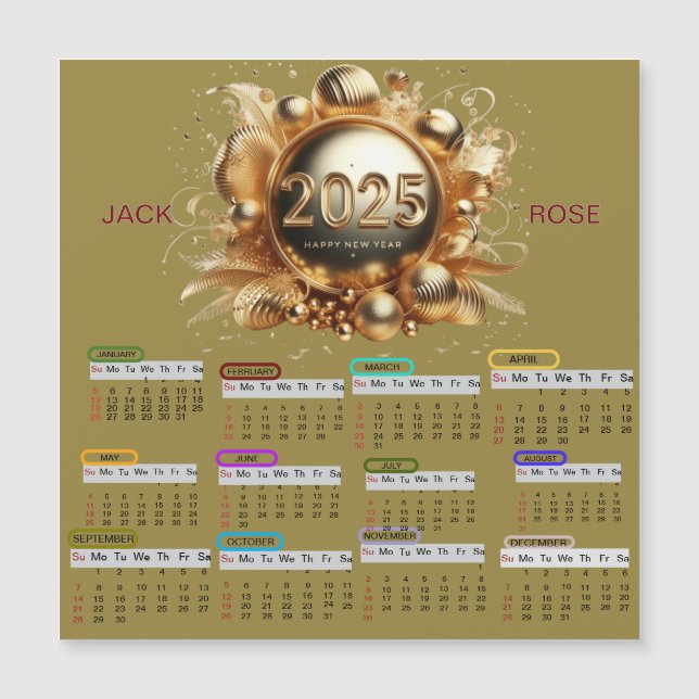 Cartão Magnético de calendário Feliz ano novo 2025 (Frente)