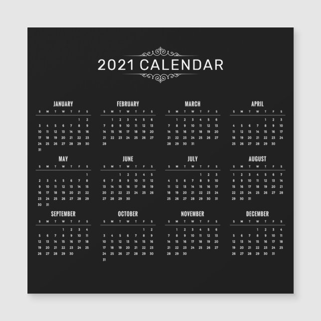 Cartão Magnético de Calendário preto 2021 simples  (Frente)