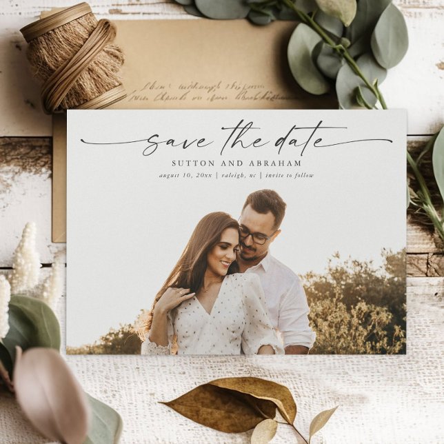 Cartão Magnético de Casamento de Foto de Script El (An elegant photo save the date magnetic card with modern handwritten script typographic overlay.)