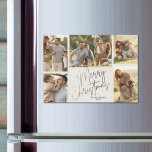 Cartão Magnético de Cinco Fotografias Dourado Feli<br><div class="desc">Os cartões MAGNÉTICOS de Natal com várias fotos apresentam o seu nome de família e as palavras Feliz Natal em letras de ouro em branco. Mais DESIGNS e cores em nossa loja.</div>