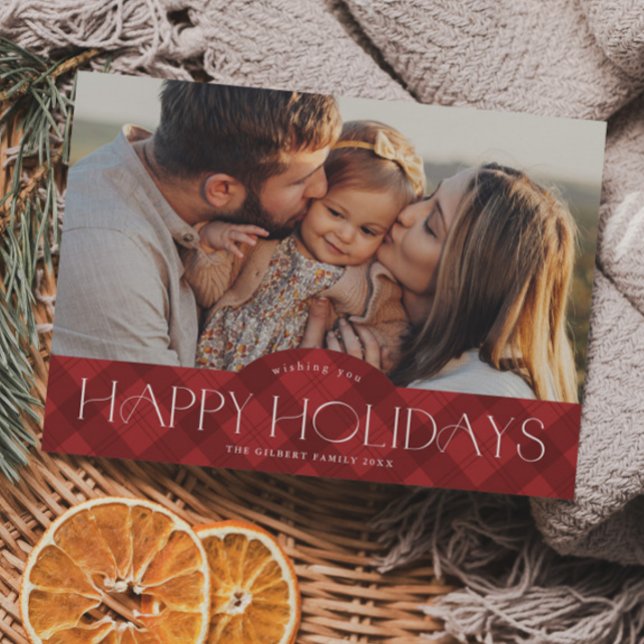 Cartão Magnético de Feriado de Foto Vermelho Russo (Rustic red plaid photo holiday magnetic card.)