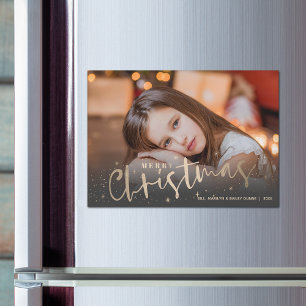 Cartão Magnético de Foto Feliz de Natal Dourado