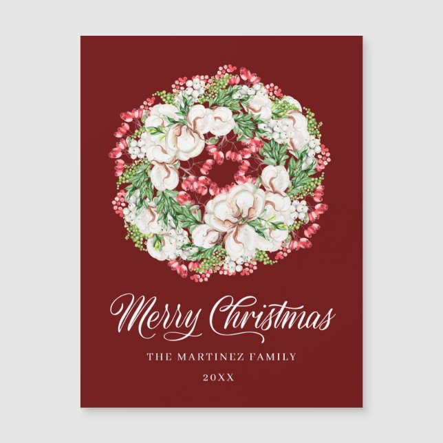 Cartão Magnético de Natal Berry Floral Vermelho e  (Frente)