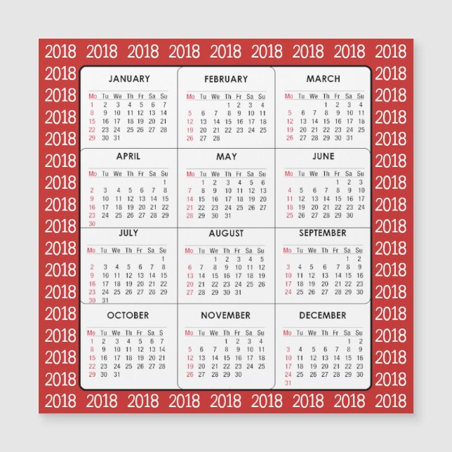 Cartão Magnético Quadrado de Calendário Vermelho 2 (Frente)