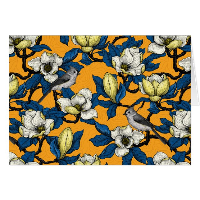 Cartão Magnólia florescente e pássaro-do-titrato 3 (Frente Horizontal)