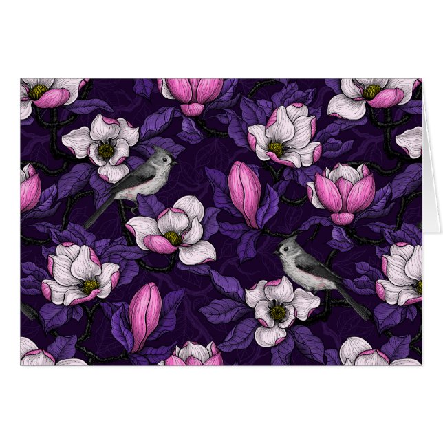 Cartão Magnólia florescente e pássaro-do-titrato 4 (Frente Horizontal)