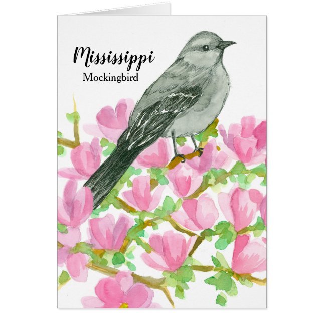 Cartão Magnolia Flowers Mockingbird Watercolor (Frente)