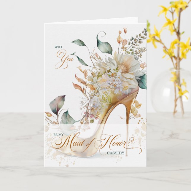Cartão Maid of Honor Request Botanical Wedding Shoe (Flor Amarela)