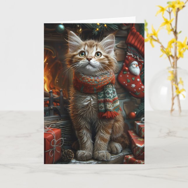 Cartão Maine Coon Cat com Lareira de presentes de Natal (Flor Amarela)