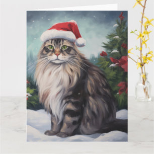 Cartão Maine Coon Cat no Natal da Neve