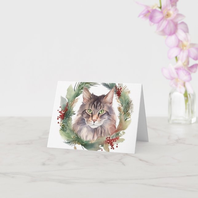 Cartão Maine Coon Cat Wreath Festivo Kitten (Orquídea)