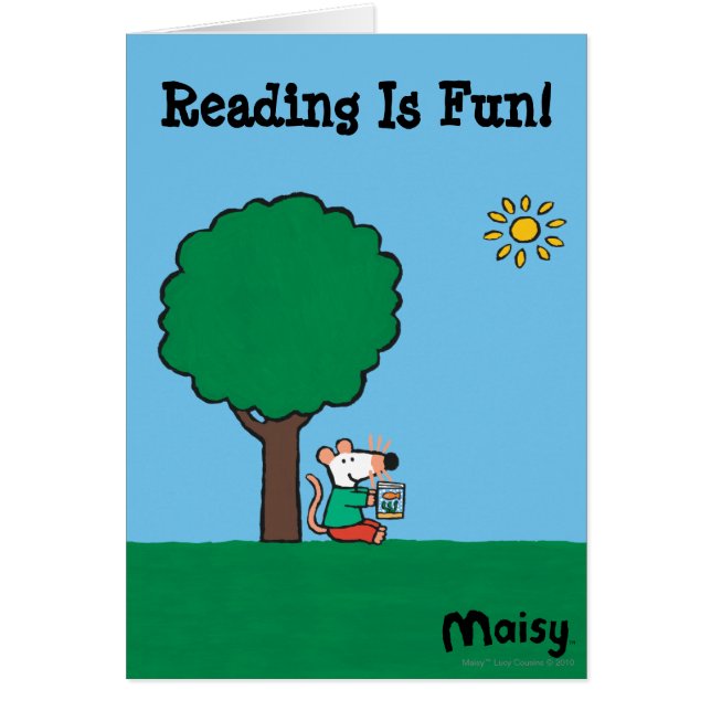 Cartão Maisy lê seu livro da biblioteca fora (Frente)