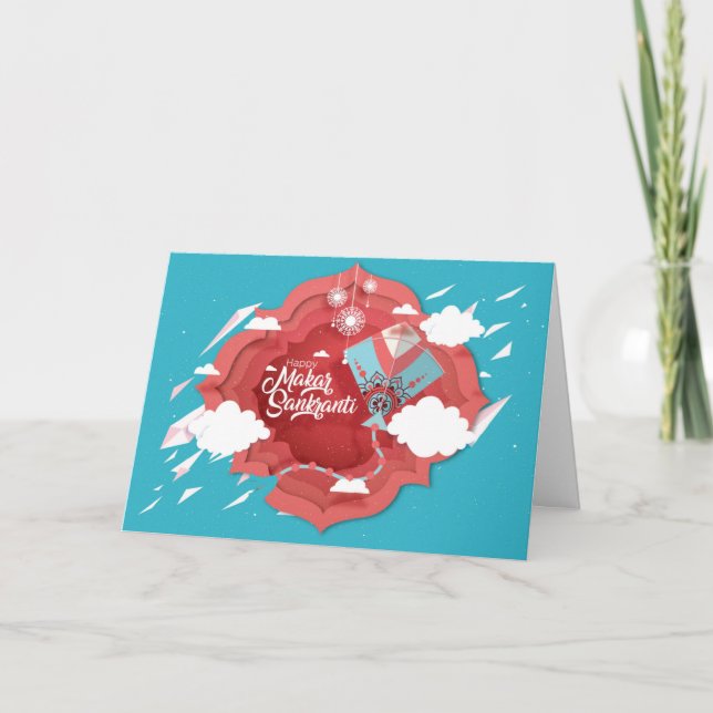 Cartão Makar Sankranti blue and red kite (Frente)