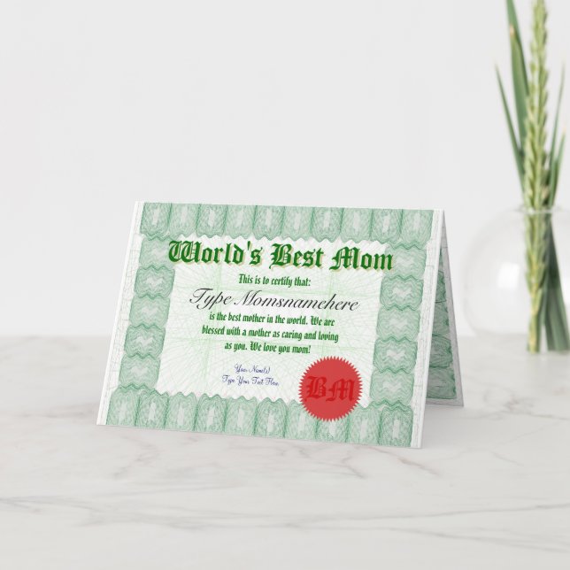 Cartão Make a World's Best Mom Certificate Award Card (Frente)