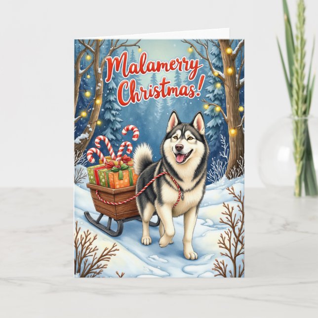 Cartão Malamerry Christmas - Alaskan Malamute Holiday (Frente)