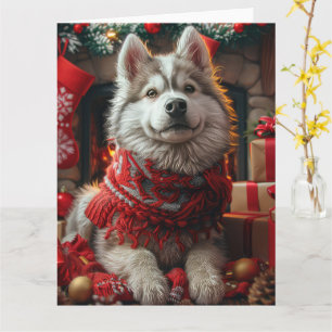 Cartão Malamute do Alasca com Presentes de Natal Lareira