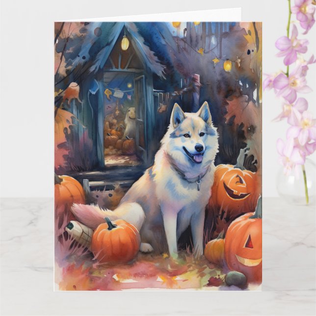 Cartão Malamute do Alasca de Halloween com Abóboras Assus (Orquídea)