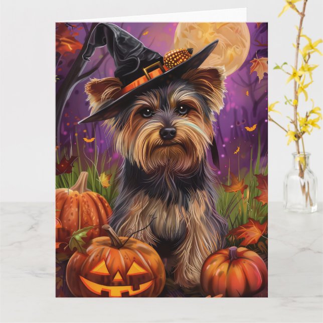 Cartão Malandro Biewer Terrier Halloween Witch E Pumpkin (Flor Amarela)