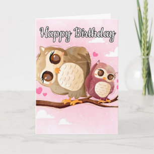 Cartão Mama Coruja e Bebê adoráveis Feliz aniversário