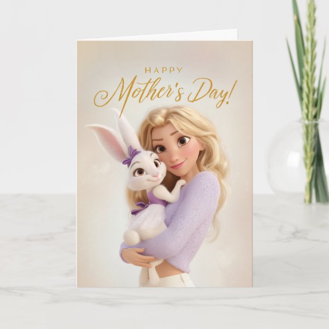 Cartão Mama Snuggling Her Baby Bunny Mother's Day Card (Frente)