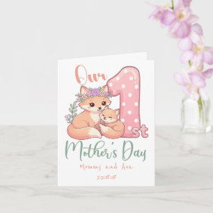 Cartão Mamãe e Bebê Raposa Rosa 1º Dia das Mães