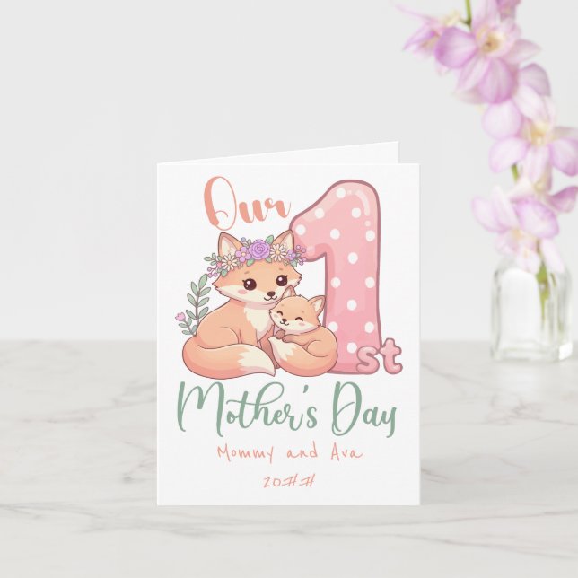 Cartão Mamãe e Bebê Raposa Rosa 1º Dia das Mães (Orquídea)