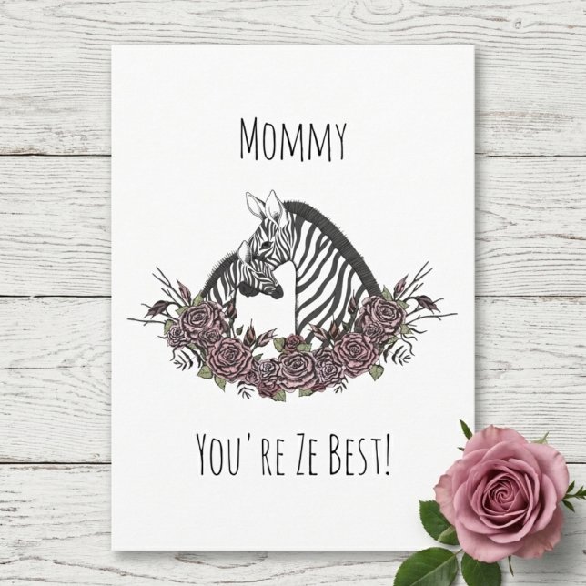 Cartão Mamãe Fofa e Bebê Zebra Feliz Dia das Mães (Cute Baby and Mommy Zebra Happy Mother's Day Card. Illustration, Pink Roses, Photo, Zebra Print)